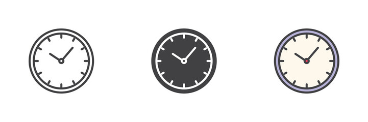 Simple clock icon set in line, solid and filled outline style