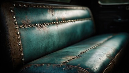 Vintage teal leather bench seat, studded, distressed