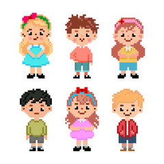 Pixel art of cute and funny kids. Pixelated boys and girls cartoon. Pixel character of kidos.
