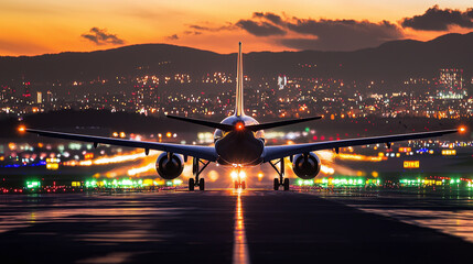 Airplane on the takeoff strip at night, against the backdrop of the lights of a big city - an atmospheric image for aviation, flight and travel banners