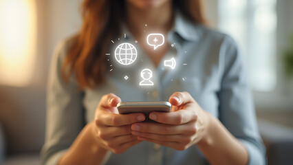Close up of a person holding a smartphone with glowing digital icons representing social media communication and global connectivity floating above the screen