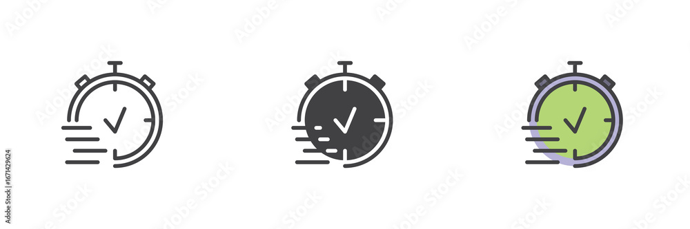 Poster fast stopwatch icon set in line, solid and filled outline style