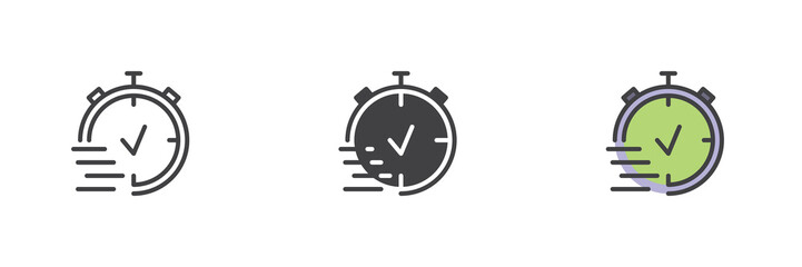 Fast stopwatch icon set in line, solid and filled outline style