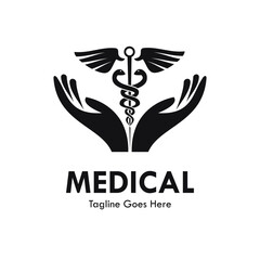 A compassionate logo featuring two hands holding a caduceus symbol, representing professional medical care and human support. Perfect for hospitals, clinics, or health foundations.