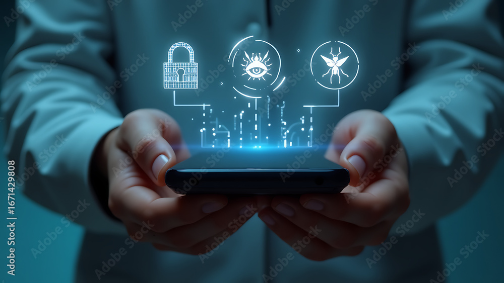 Poster close up of hands holding a smartphone displaying a futuristic holographic interface with icons repr