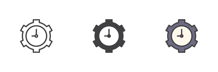 Gear clock icon set in line, solid and filled outline style