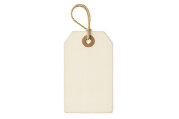 Blank off-white cardboard tag dangling from knotted string, isolated against transparent background, awaiting personalization