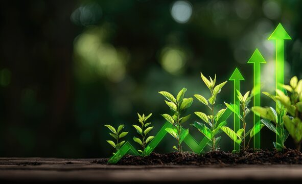 Growing plants with upward green arrows on soil, suggesting growth and prosperity