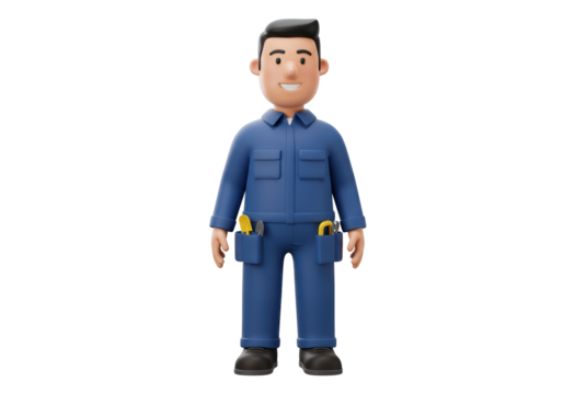 Isolated 3D cartoon of a male handyman or repairman wearing work uniform and holding tools