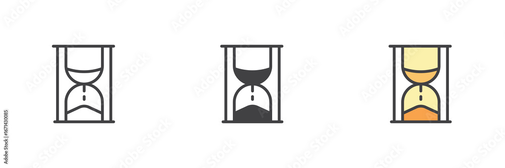 Poster hourglass timer icon set in line, solid and filled outline style