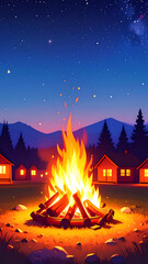 Campfire scene night sky illustration