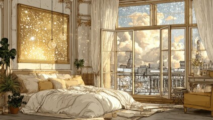 Elegant bedroom with winter city view.  Golden light, cozy