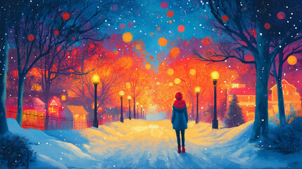 Obraz premium Oil painting illustration of people walking through a snowy forest on a winter night under the moonlight.