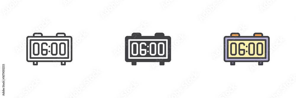 Poster flip clock icon set in line, solid and filled outline style
