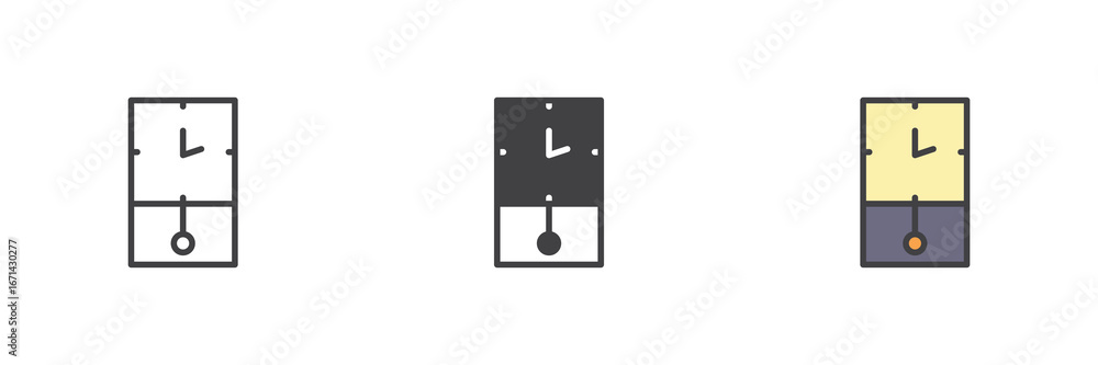 Poster pendulum clock icon set in line, solid and filled outline style