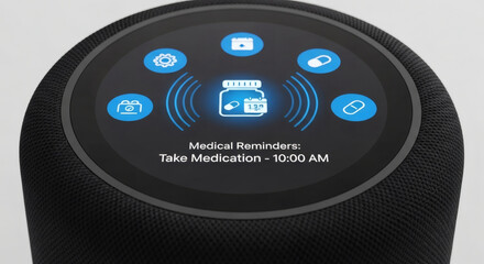 A smart speaker displaying a medical reminder to take medication, with various health-related icons surrounding the central notification.
