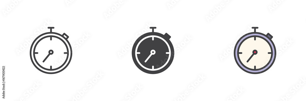 Poster timer stopwatch icon set in line, solid and filled outline style