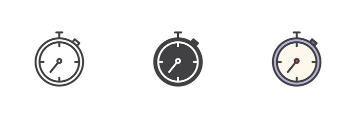 Timer stopwatch icon set in line, solid and filled outline style