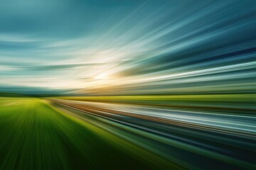 Abstract motion blur of a landscape at sunset.  Fast-moving streaks of color depict a rural road, grassy fields, and a cloudy sky