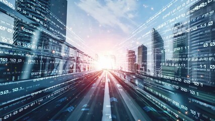 Loopable video of digital data flow on road in concept of program coding with graphic creating vision of fast speed transfer to show digital transformation , disruptive innovation . Seamless Loop . - Powered by Adobe
