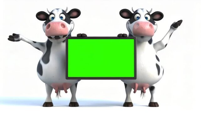 Two cartoon cows hold a large green screen, ready for a presentation.