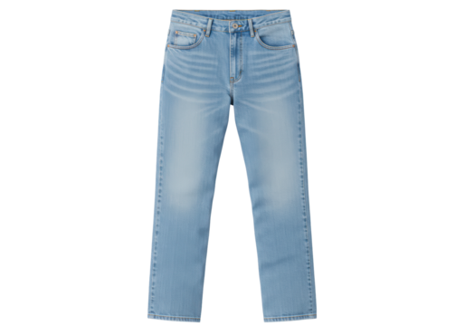 Isolated light-wash denim jeans, fashion apparel clothing item with classic casual blue styling