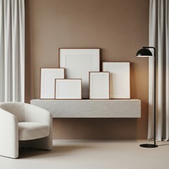 Five mockup poster frames displayed on a textured white floating shelf in a minimalist modern interior with beige walls, a black floor lamp, and a cozy white armchair 