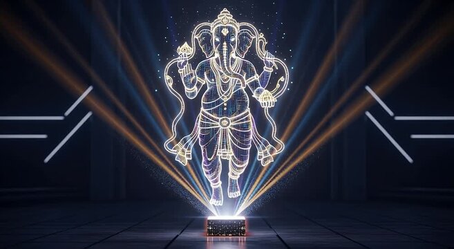 Holographic outline of Ganesha illuminated by blue and gold light beams Hindu god