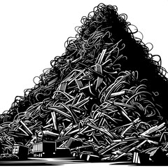 Fototapeta premium Black and White Vector Silhouette of Scrap Metal Mountains in a Junkyard