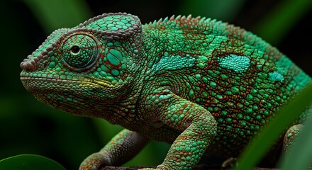 Obraz premium Colorful Chameleon Lizard Close Up on Green Background