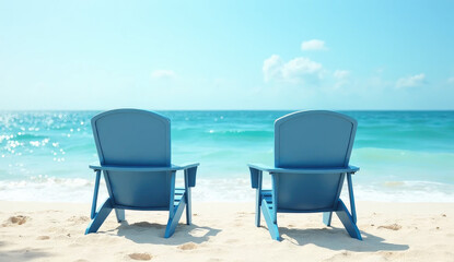 Retirement dreams and investment strategies symbolized by empty blue beach chairs with an ocean backdrop. 