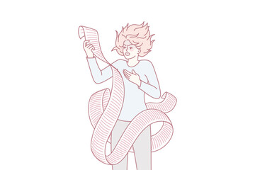 Stressed young woman with long list annoyed with plans and problems. Unhappy girl frustrated with tasks and liabilities. Multitasking and overload concept. Vector illustration.