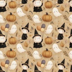 Halloween sesamless pattern with pumpkins; ghosts and witches in kawaii style. beige background