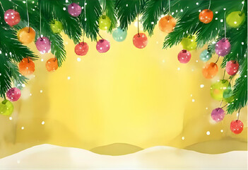 beautiful illustrated yellow background with conifer branches and happy colorful christmas balls