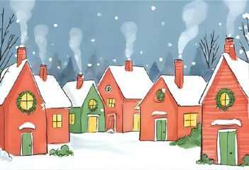 beautiful drawing/painting/illustration of a village with houses decorated for christmas in winter