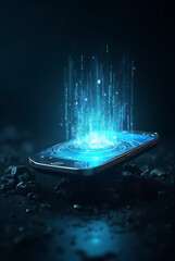 Futuristic smartphone with holographic projection and digital technology glow