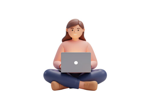 Isolated woman sitting cross-legged with laptop, working or studying on digital device