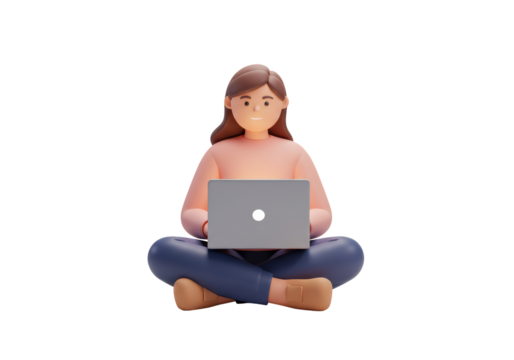 Isolated woman sitting cross-legged with laptop, working or studying on digital device