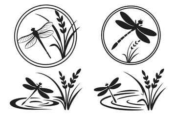 Black Silhouette Dragonflies with Reeds and Water.