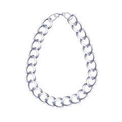 Silver chain with very large interlacing. Isolated watercolor illustration of jewelry for catalog design, shop windows, corporate packaging, interior design and wedding events.