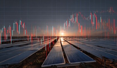 Solar panel farm at sunset overlaid with stock market charts
