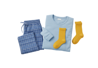 Isolated apparel of a light blue soft pajamas set with a pair of matching socks