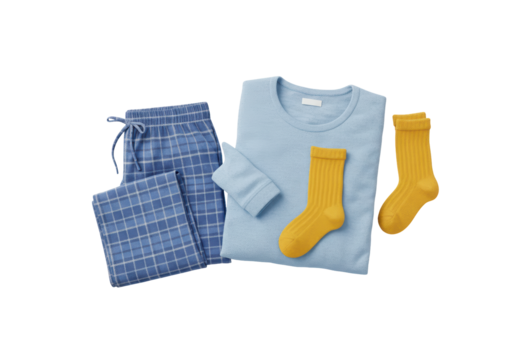 Isolated apparel of a light blue soft pajamas set with a pair of matching socks