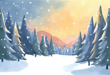 beautiful drawing/painting/illustration of a snowy coniferous forest