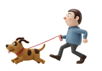 Isolated man walking his dog, cartoon style, on a leash, forced to run and keep up with the pet