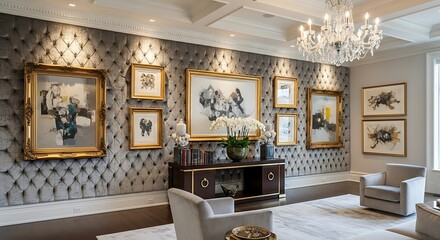 Elegant Living Room Interior with Art and Chandelier.