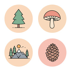 Icons of forest tree, mushroom, mountains and a pine cone set in round shape