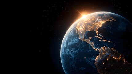 Obraz premium The image displays a stunning rendition of Earth from space, showcasing city lights illuminating continents like North and South America, with a bright sunrise over the horizon.