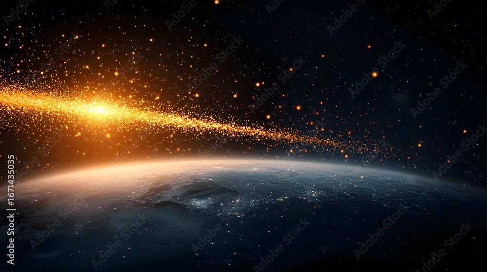 Poster the image shows a planet from space, with an orange glow and dispersed particles creating a light ef
