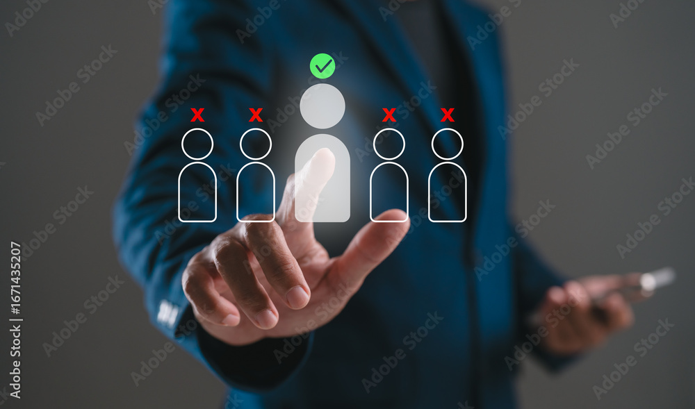 Poster a business professional selects a candidate using a digital interface, indicating a hiring process w